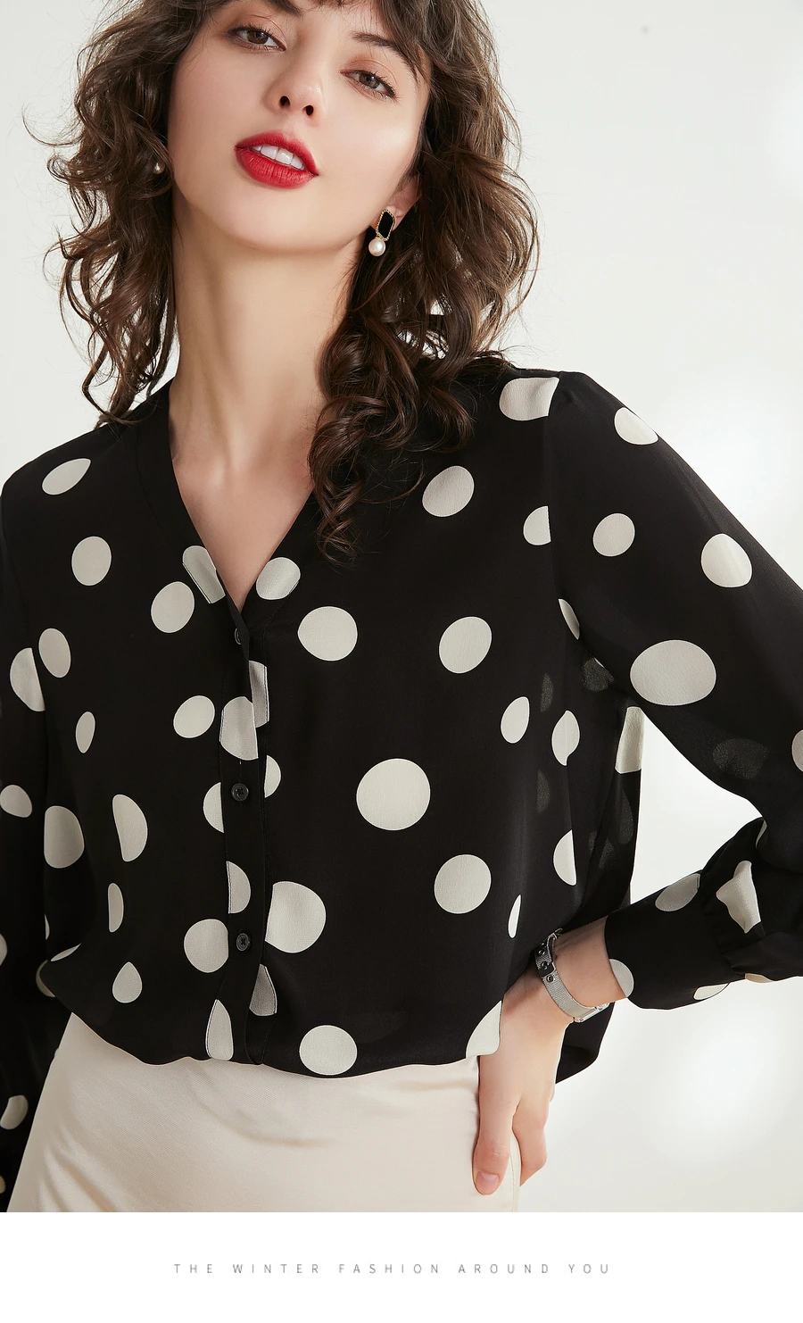 Женская блузка в горошек, из натурального шелка, в горошек, с принтом, блузки для женщин, блузка с длинными рукавами, рубашка, Офисная Женская блузка