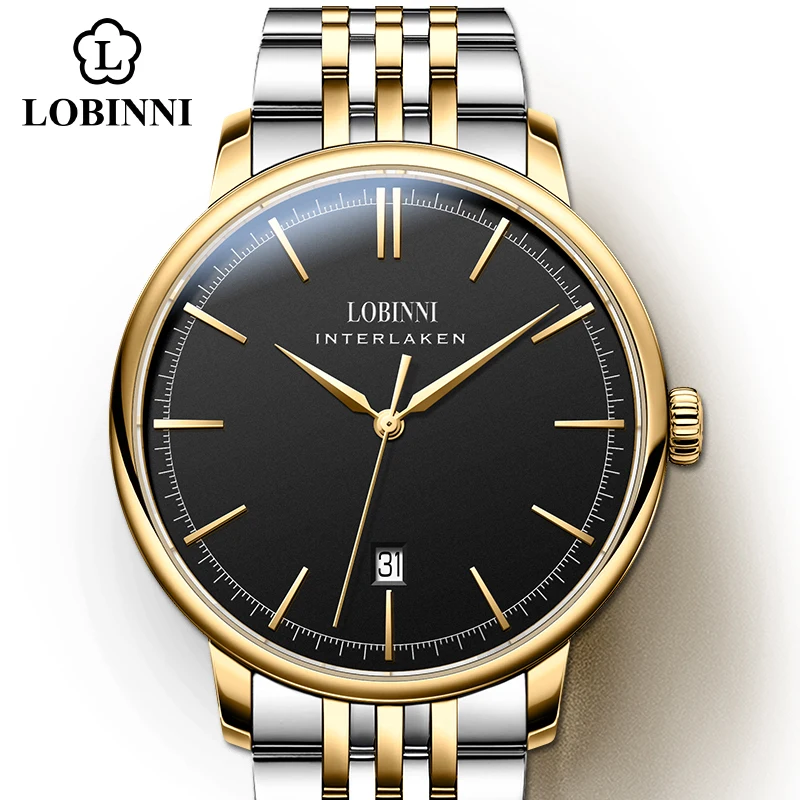 Gold-Black LOBINNI Мужские часы Япония Citize автоматический самоветер лучший бренд модный дизайн сталь Бизнес Мужские механические наручные часы - Цвет: Gold-Black