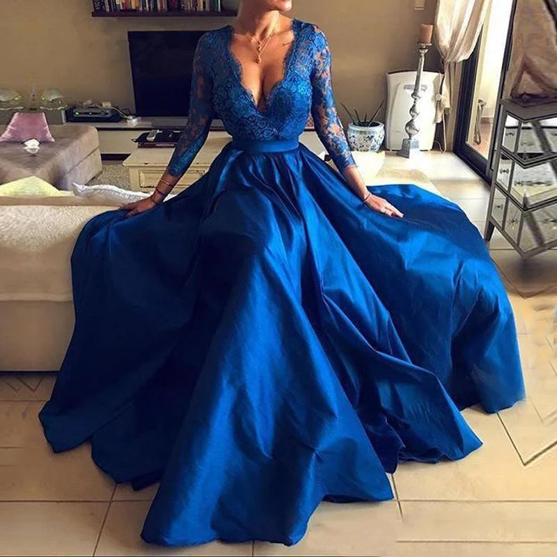 

Royal Blue Plunging V-Neck Satin Evening Dress Long 2020 Sexy High Split Formal Dresses Prom Plus Size Party Gown Robe De Soiree