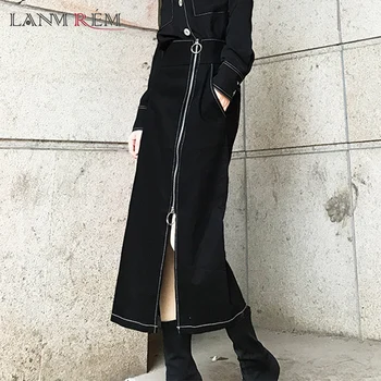

LANMREM Autumn Winter 2020 Asymmetric Side Zipper High Waist Temperament Split Mid-calf Length Slim Black Skirt For Women 2A2022