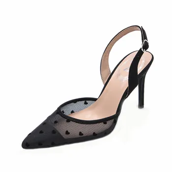 

High heels women 2020 summer pointed toe mesh stiletto black lace shoes fairy style wild back empty toe sandals