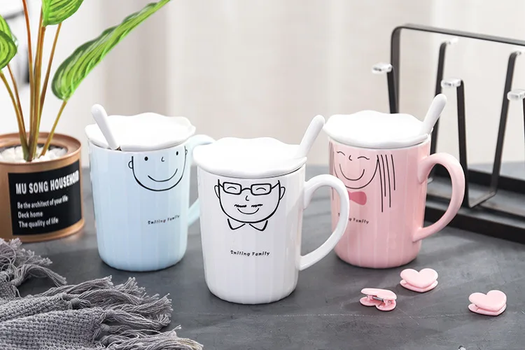 Creative Family Of Three Ceramic Parent-child Mugs With lid spoon Teacup Student Cartoon Cup