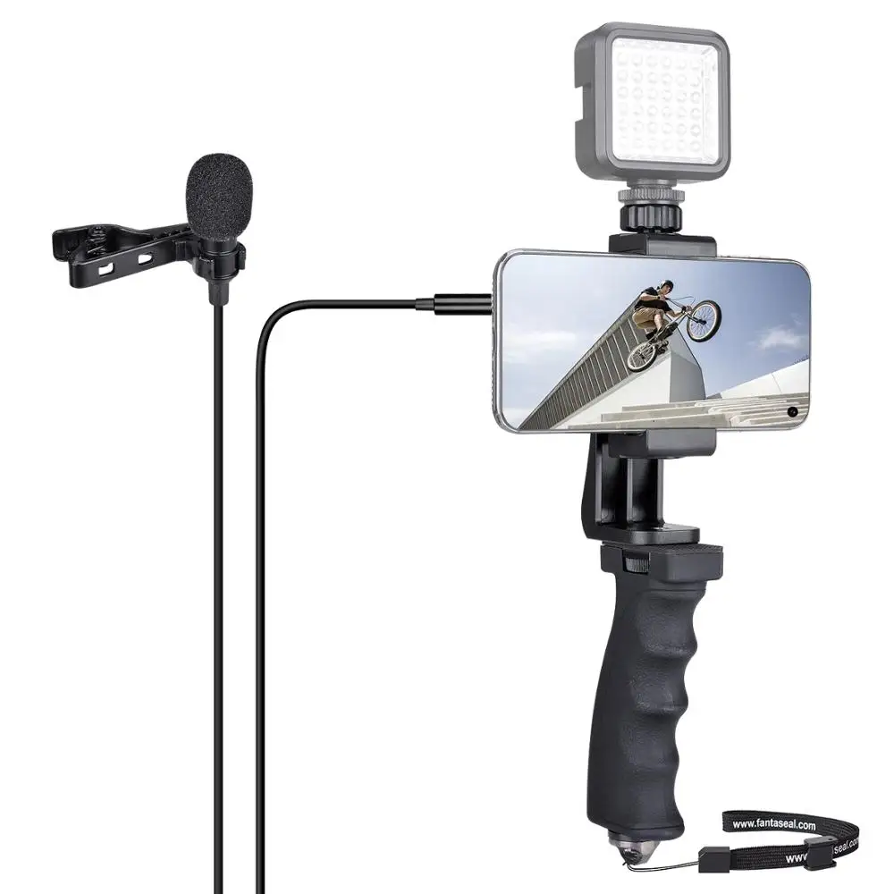 

Smartphone Hand Grip Stabilizer Holder Livestream Youtube Vlog Video Kit w/ Lavalier Microphone for Android Mobile Cell Phone