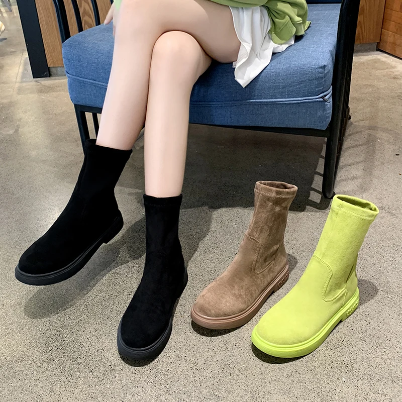

Martin Boot Women Med Calf Strench Sock Round Toe Thick Bottom Martin Boots Spring Autumn Low Heels Boottom Casual Show Leg Shoe