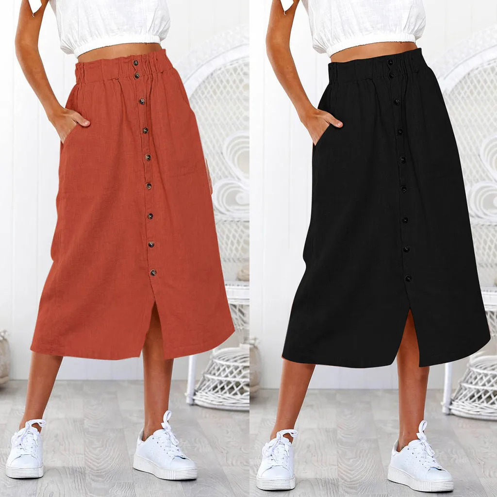 

KLV 2019 Women's Skirt Daily Summer Bohemian Button High Waist Buckle Beach Wrap Long Y808