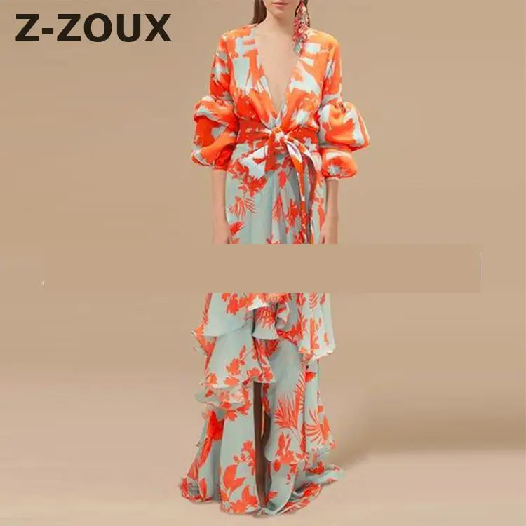 

Z-ZOUX Women Dress Lantern Sleeve V-Neck Print Dresses Flower Print Plus Size Long Vintage Sexy Maxi Summer Dresses Women 2019