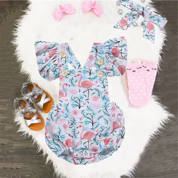 

0-24M New Fashion Newborn Baby Girls Flamingos Romper Cartoon Square Collar Headband Summer Outfits Clothes