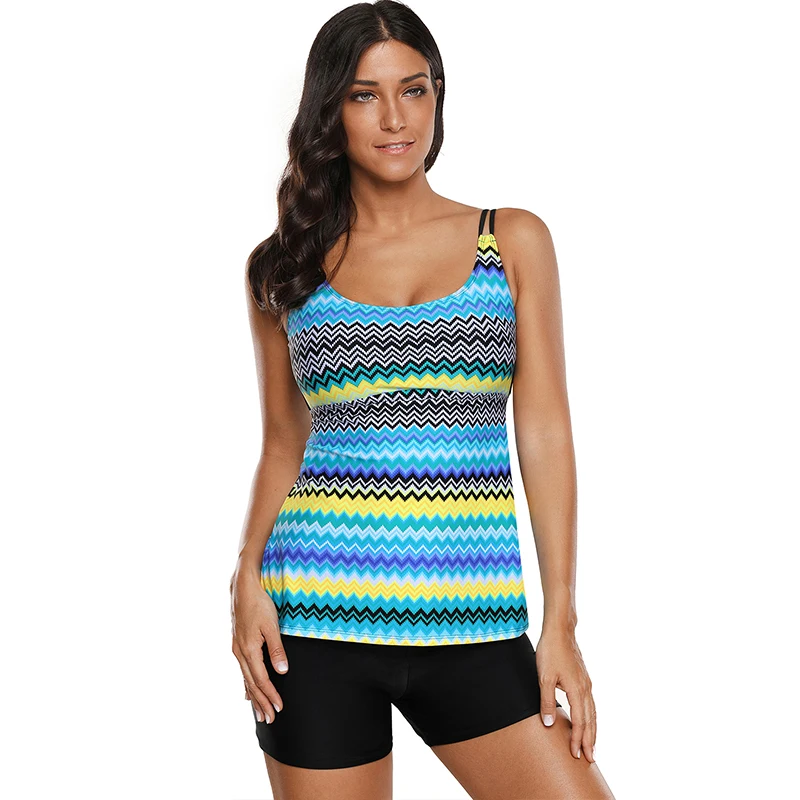 

Sexy Women Two Piece Swimsuit Striped Print Strappy Tankini Shorts Swimwear Bathing Suit Blue Swimsuit Female Separate