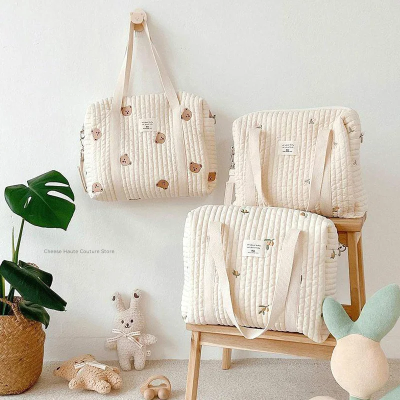 Baby Zipper Diaper Handbag With Pocket Cotton Bags Cute Bear Flower Embroidery Pattern 2022 New Luggage Bag