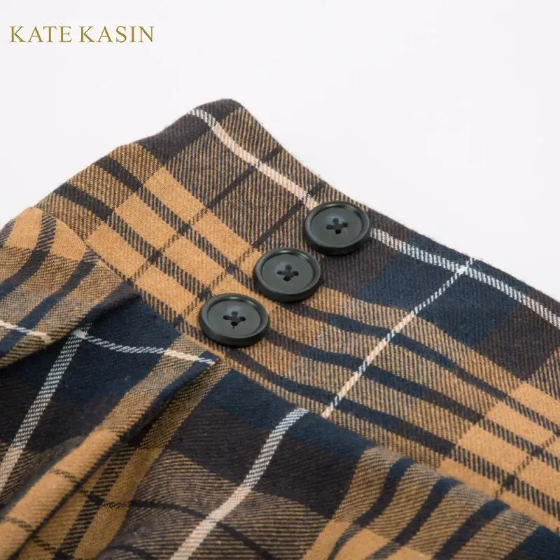 Kate Kasin эластичная высокая талия винтажная клетчатая трапециевидная юбка Женская Повседневная до середины икры осень зима английский стиль плиссированные Свинг юбки