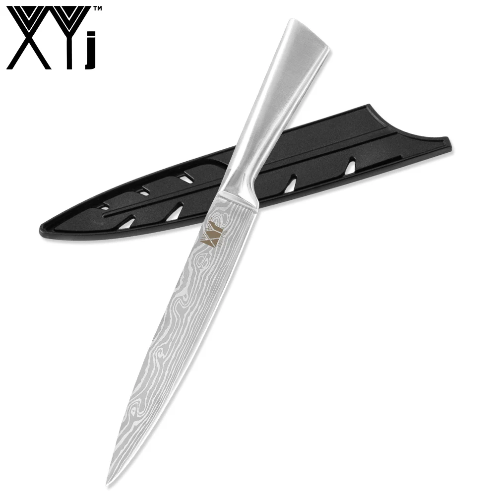XYj, 6 шт., набор кухонных ножей из нержавеющей стали, дамасский узор, лезвие, магнитный Настенный Держатель ножей, поварские ножи 8 ''7'' 5 ''3,5'', инструменты для ножей - Цвет: F.8 slicing knife