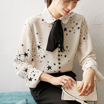 

New silk pentagon stars printed silk blouse female spring long silk shirt with bow