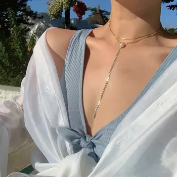 

Man-made Diamond Gang Drill Tassels Pearl Double Layer Neck Ring Women's Necklace Choker Exaggeration Coo