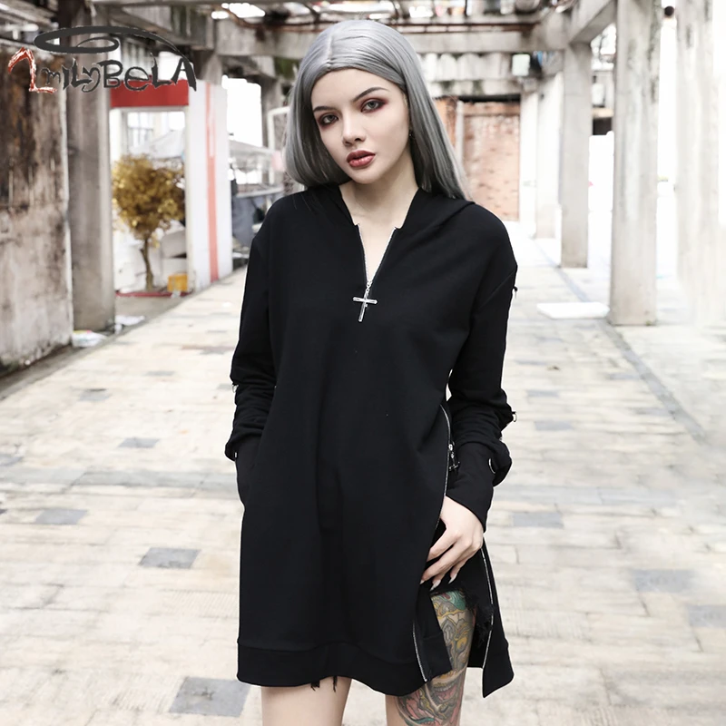 

Imily Bela Gothic Casual Long Hoodies Women Loose Long Sleeve Cross Zipper Black Hooded Sweatshirt Oversized Pullover Streetwear