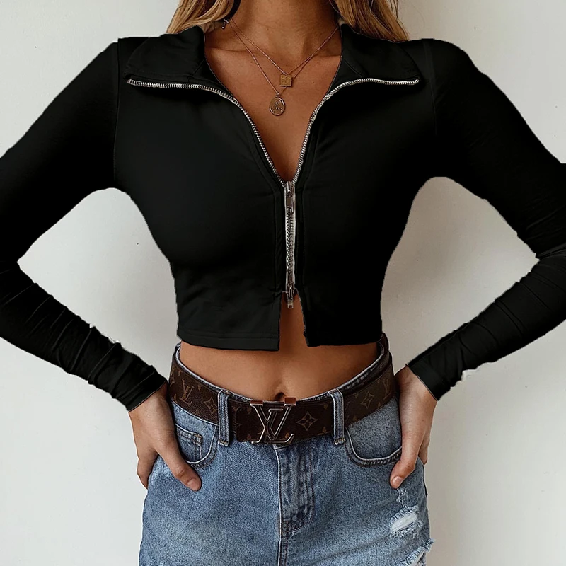 Rockmore Harajuku черная женская футболка с длинным рукавом Femme Bodycon водолазка осенние укороченные топы базовые футболки на молнии осень