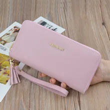 

Women's Wallet Solid Color Pu Leather Long Zipper Tassel Coin Purses Female Wristband Bow Ornaments Credit Card Holder Clutch Ba