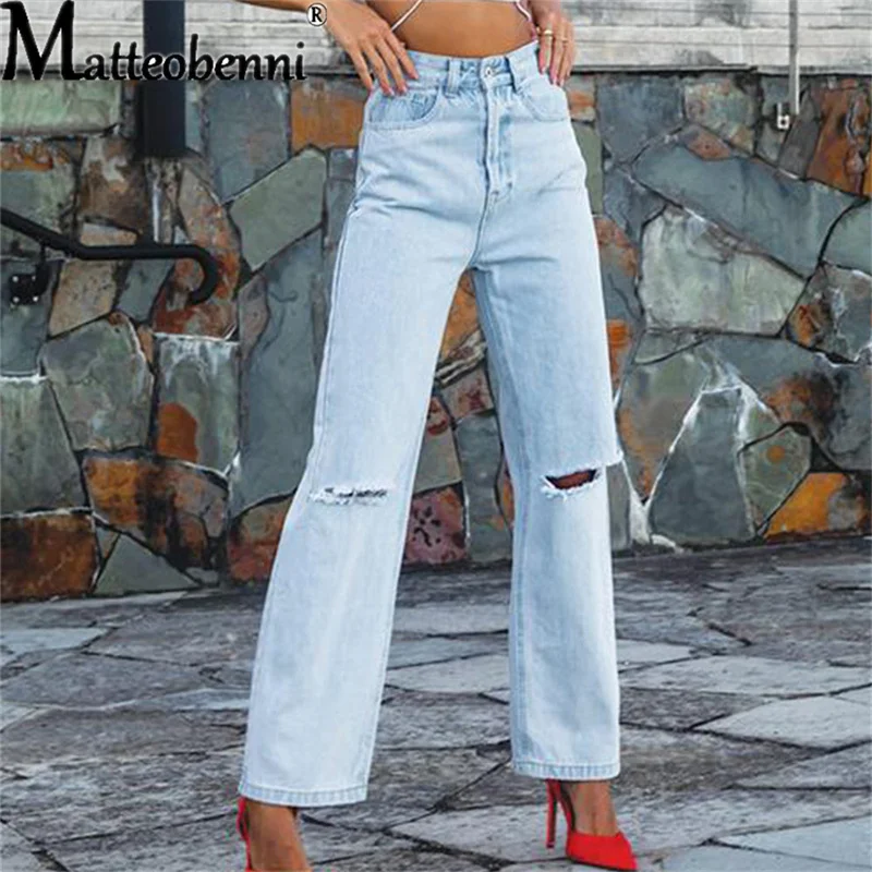 Womens Loose Jeans 2021 Ripped Wide Leg For Women High Waist Blue Wash Casual Cotton Denim Trousers Straight Baggy Jean Pants