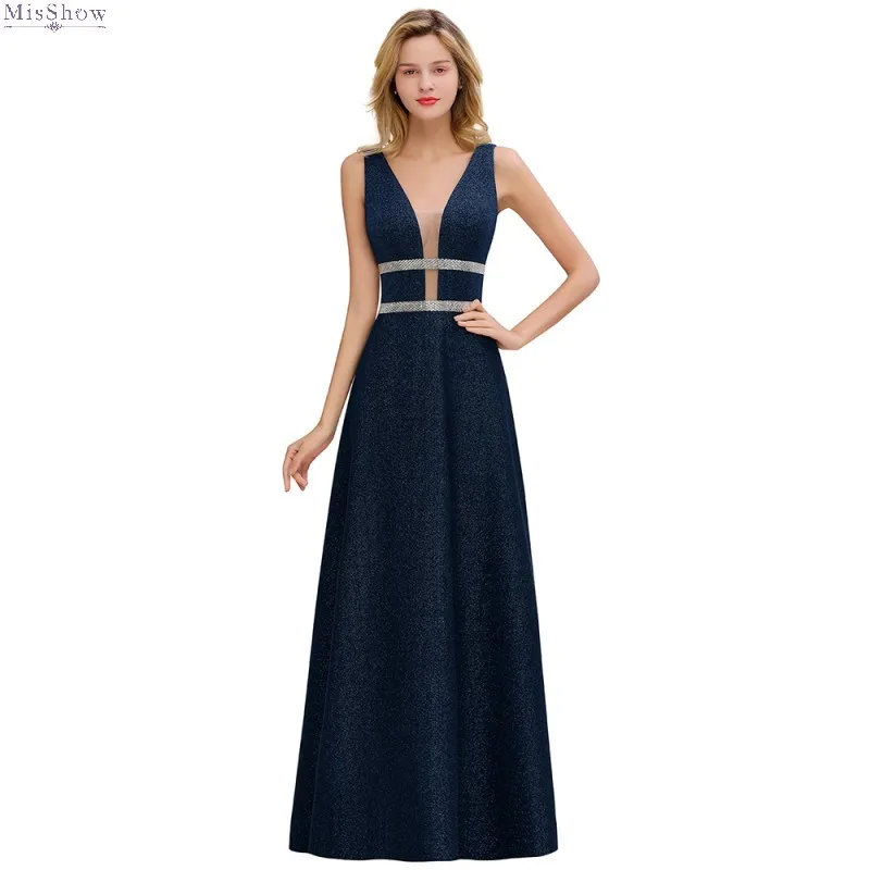 

Navy Blue Sequined Long Formal Evening Dress 2019 Elegant A line Party Evening Gown V Neck Sleeveless robe de soiree