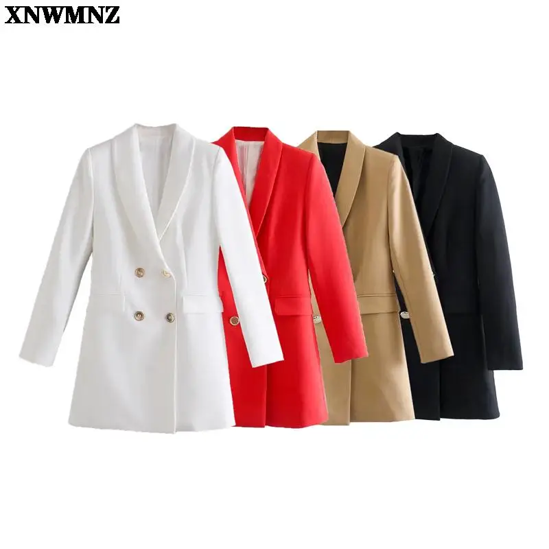 XNWMNZ 2021 Women Fashion long double-breasted blazer Coat Vintage Long Sleeve Pockets Female Outerwear Chic Veste Femme Jackets