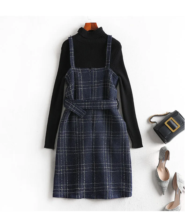Lan Mu Square Chubby Sister Size Slimming Large Size Dress Autumn And Winter Strapped Dress Sweater Two-Piece Set Slimming