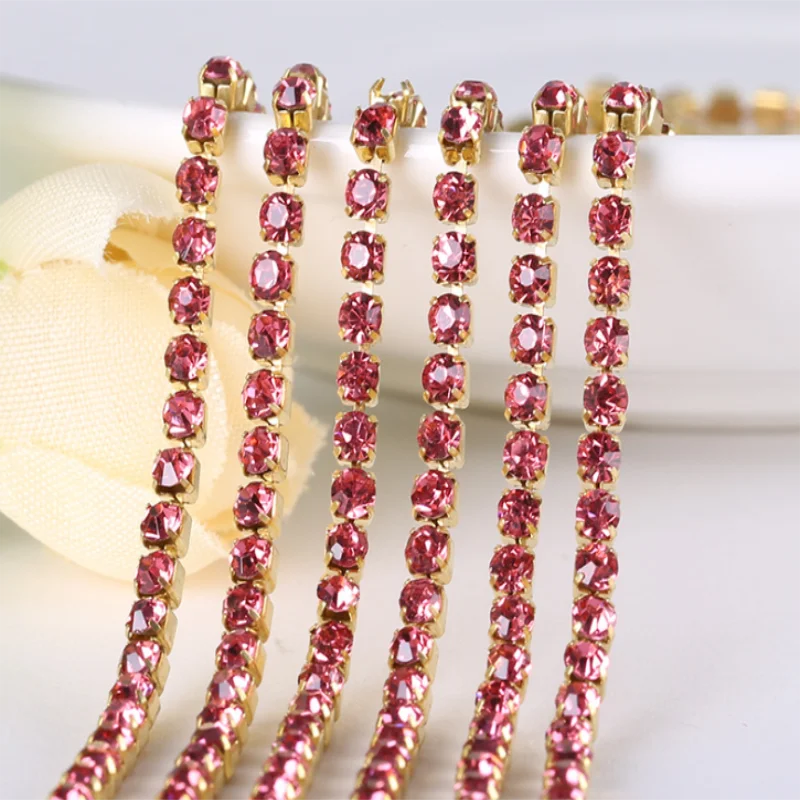 Rose Red 10Yards DIY Rhinestone Chain Dense gold bottom sewing Rhinestones for clothing Art Decoration | Дом и сад