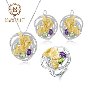 通販 GEM'S バレエ天然ペリドットアメジスト手作り宝石リングイヤリングペンダントセット 925 スターリングシルバージュエリーのセット
