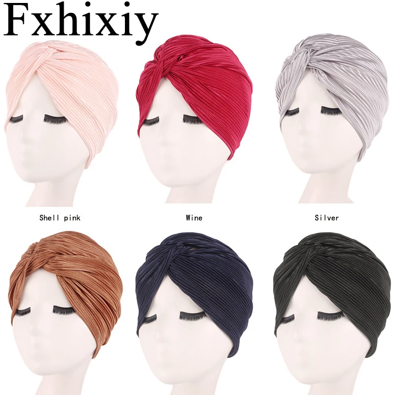 Muslim Women Satin Cross Ruffle Knotted Turban Headwear Chemo Beanie Hat Headwrap Cap for Cancer Hair Loss Cover | Аксессуары для