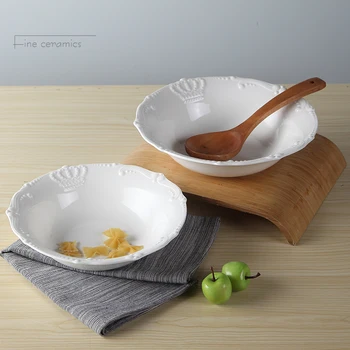 

9/10inch, white embossed porcelain kitchen bowl for serving, crown ceramic candy bowl, salad mixing bowls, big soup bowls,