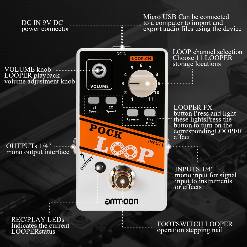 ammoon POCK LOOP Looper Guitar Effect Pedal 11Loopers Max.330mins Recording Time Supports Playback Reverse Functions True Bypass