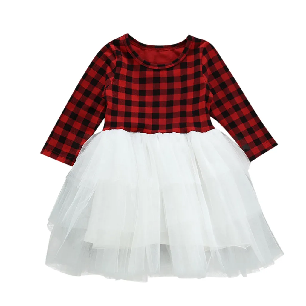 Клетчатые рождественские платья с принтом платье принцессы с круглым вырезом для маленьких девочек зимнее праздничное платье-пачка с длинными рукавами платье для девочки
