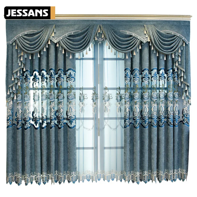 Cortinas de estilo europeo para sala de Estar, comedor, dormitorio, azul  claro de lujo, chenilla bordada, personalizadas - AliExpress Hogar y jardín