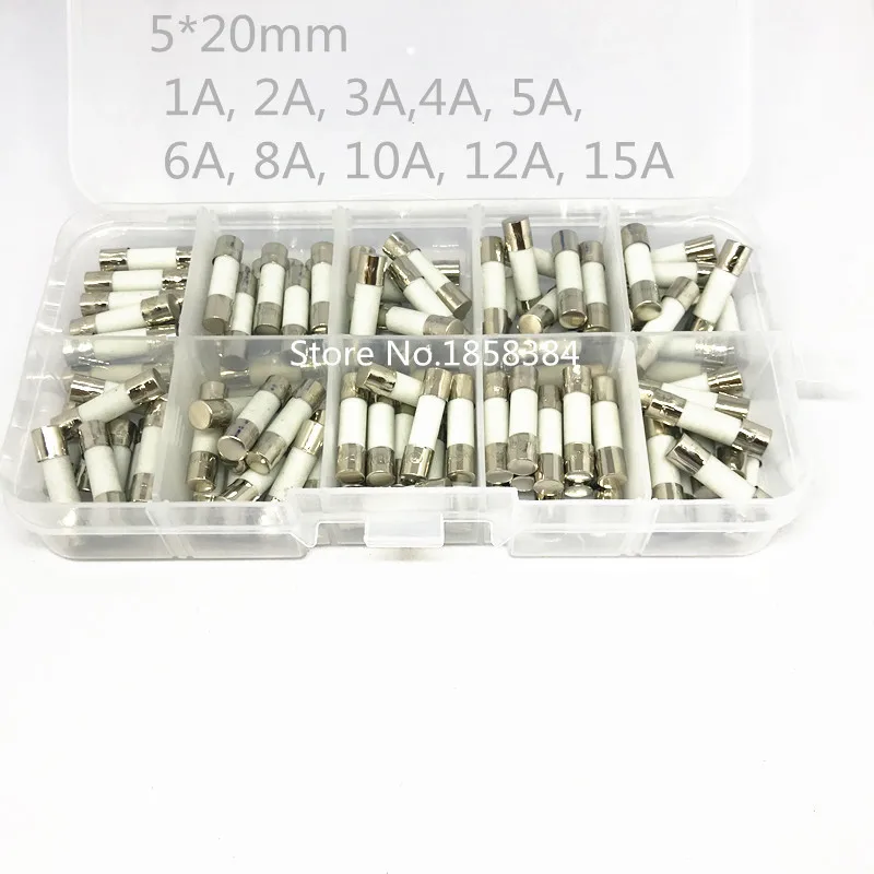 100pcs Ceramic Fuse kit 5mm x 20mm Slow Blow T 1A 2A 3A 4A 5A 6A 8A 10A