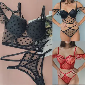 

2020 Women Sexy Lace Polka Dot Lingerie Bra+Thong Bodysuit Underwear G-string Nightwear Women's Lingerie Babydoll Sleepwear