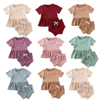 

2020 Baby Summer Infant Newborn Baby Girls Clothes Set Ribbed Cotton Solid Outfits Dress Tops+Shorts Bottoms 2Pcs Baby Outfits
