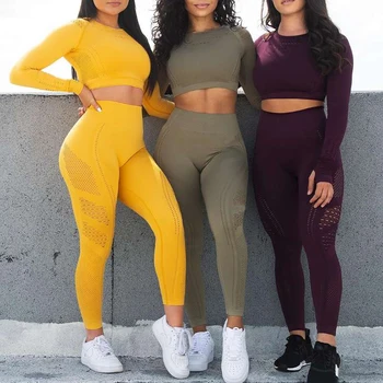 

Women Seamless Gym Sets High Waist Gym Mesh Leggings Shirts Suit Long Sleeve Fitness Workout Sports Running Thin Sport Sets New