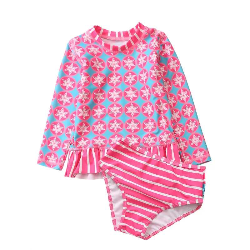 Long sleeves Girls Tankini set 2~10Y Girls swimsuit Two pieces Children Flamingo Swimwear Ins Unicorn Girls Rash Guard set-SW344