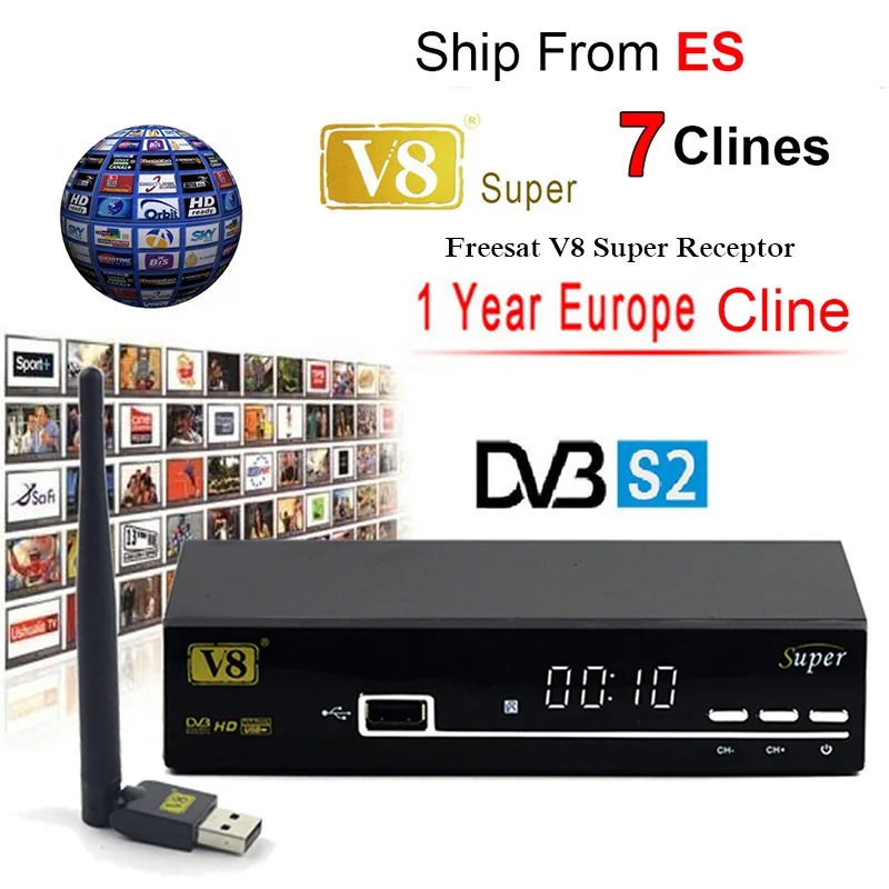 

FREESAT V8 SUPER Receptor DVB-S2 HD FTA Satellite TV Receiver With 1 Year Europe 7 cccams +USB WIFI 1080P lnb Portugal Polish TV
