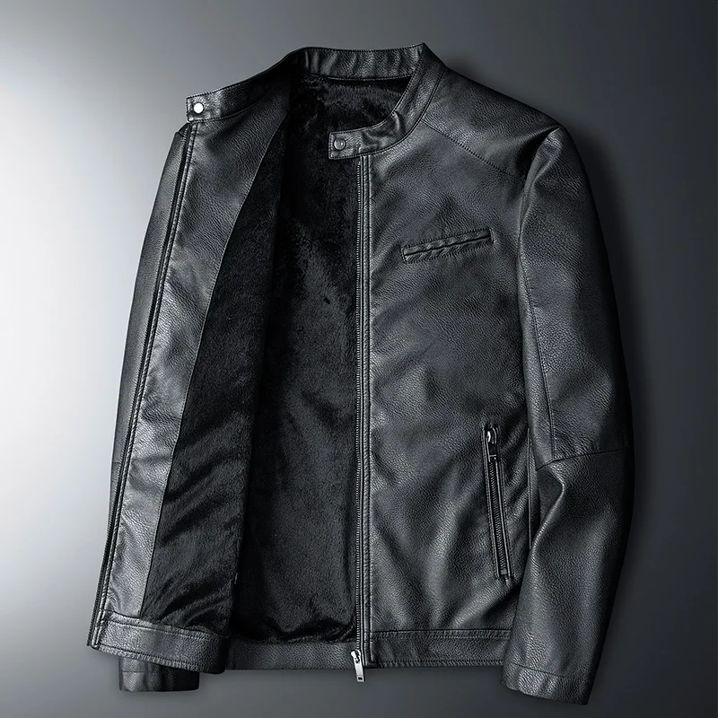 Casual Slim Fit Male Leather Jacket Fashion Stand Collar Zipper Men Faux Leather Jacket Solid Male Long Sleeve Male Leather Coat