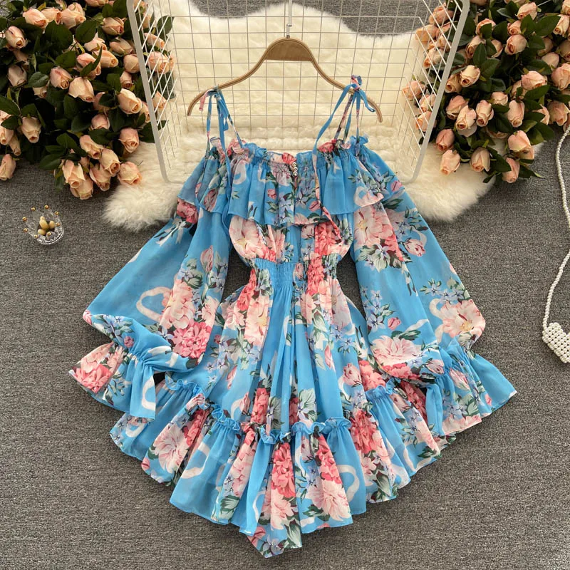 Summer new tube top ruffle Dress  One word collar temperament reduces age woman dress Short slim chiffon dresses 2021