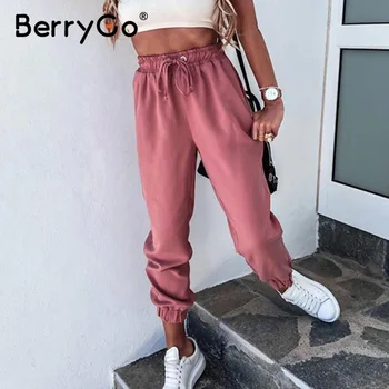 

BerryGo Solid color lace up women's sports pants Women jogger loose harem pants Home wear pink running sweatpants summer 2020