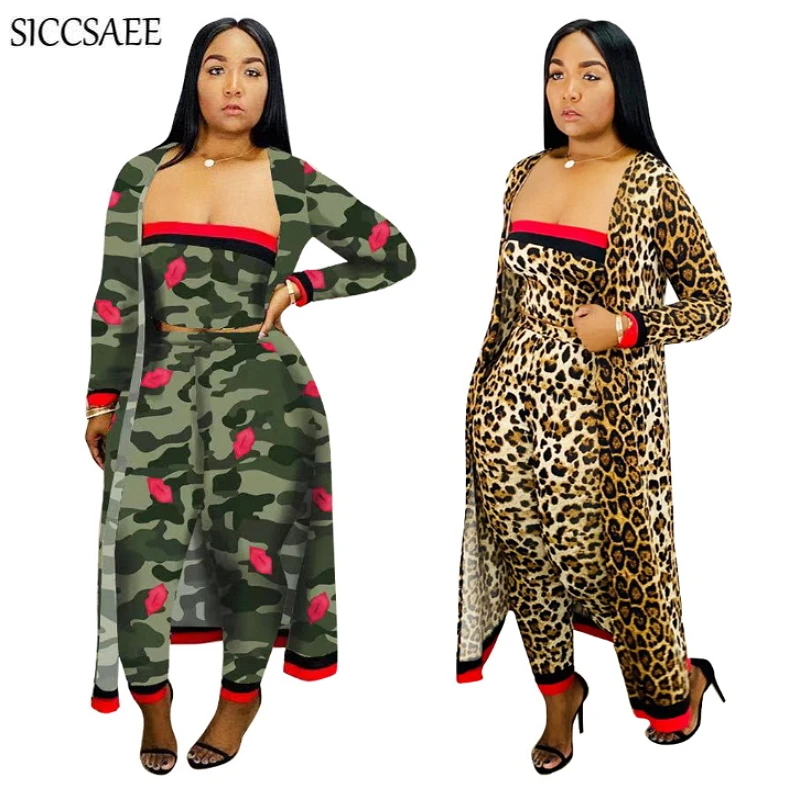 

2020 Camouflage Leopard Printed 3 Piece Set Women Striped Strapless Crop Top Long Pants Maxi Cardigan Sexy Casual Clothing Sets