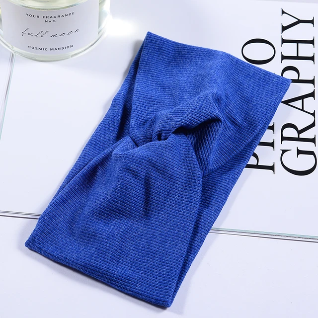 Women Headband Twist Turban Solid Wide Knitted Knotted Yoga Twisted Hairband Accessories For Turban Bandage Bandanas Hair Bands 01-Blue