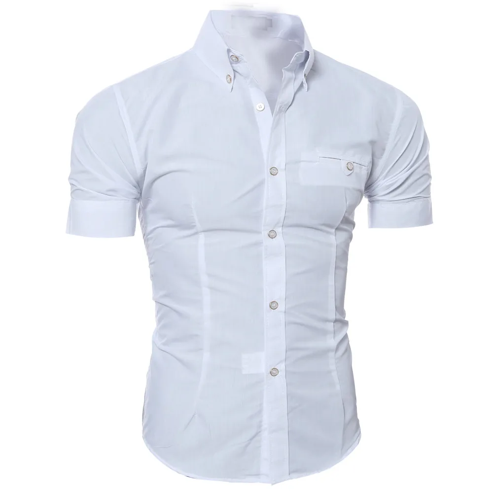 Мужская рубашка Slim Fit с коротким рукавом стильные официальные топы Мужские повседневные с коротким рукавом пуговицы для рубашки верхняя одежда однотонного размера плюс d - Цвет: Серый