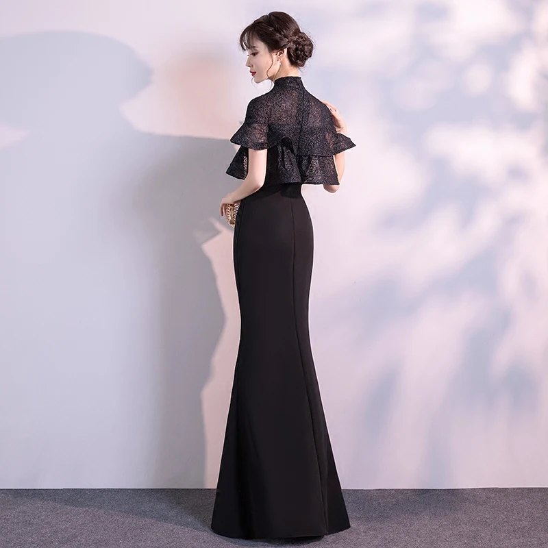 Женское платье для выпускного вечера, Cheongsam, сексуальное, с высоким разрезом, воротник-стойка, Qipao, элегантное, черное, длинное, рыбий хвост, винтажное, Robe De Soiree, Размер 3XL