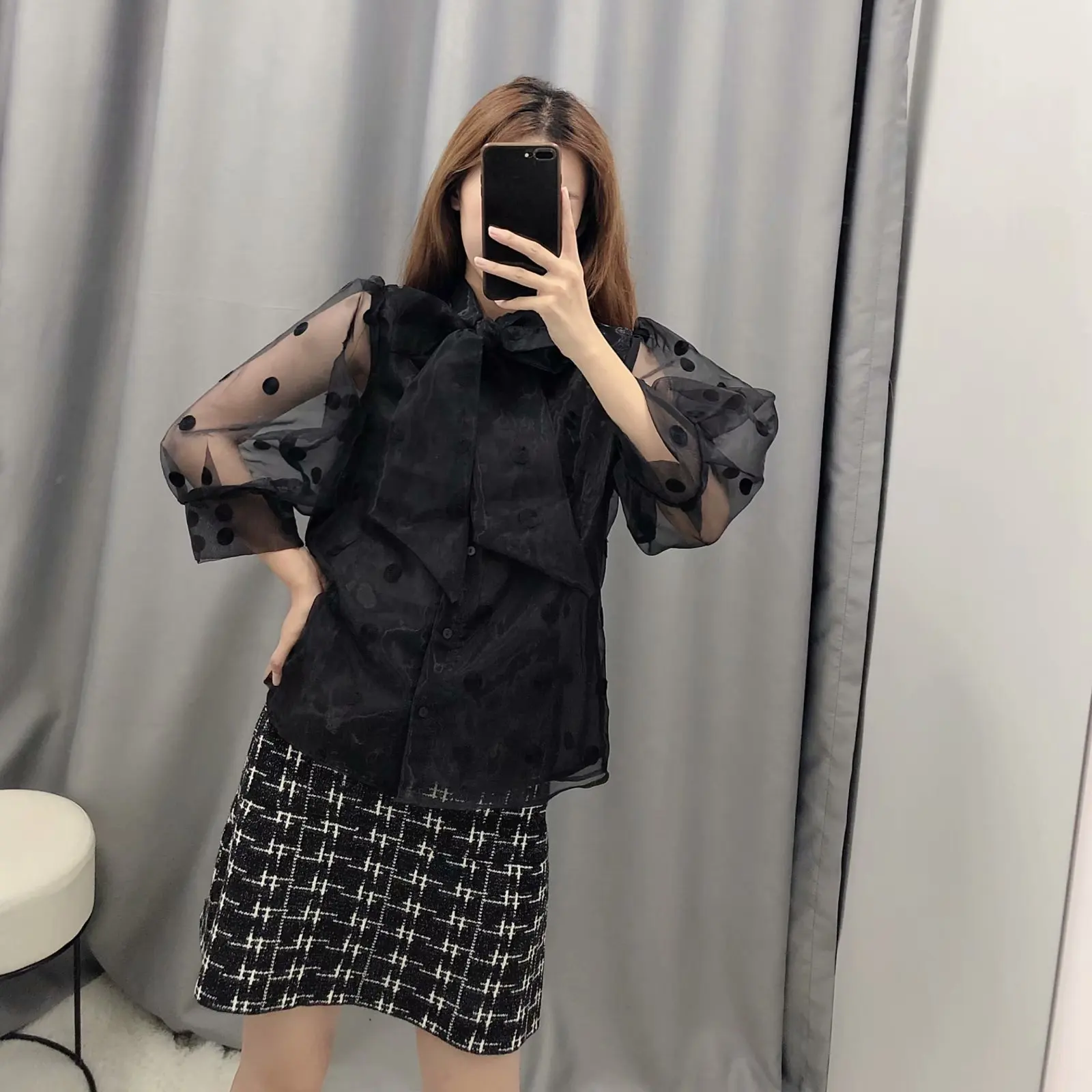 ZA Solid Shirt Fashion Autumn Winter Polka Dot Bow Tie Blouse Top Women Casual Shirt Party Travel Friends Gifts Wholesale