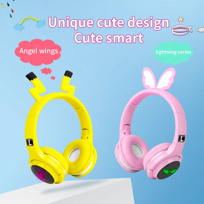 Cute Pink Angel Kids Bluetooth 5 0 Headset LED Headphones support SD Card Audio Cable Headphone for Boy Girl Children Headphones