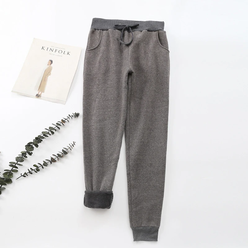 

VERTVIE Autumn Women Sport Pants Casual Plus Velvet Winter Warm Jogging Sweatpants Solid Drawstring Elastic Waist Black Trousers