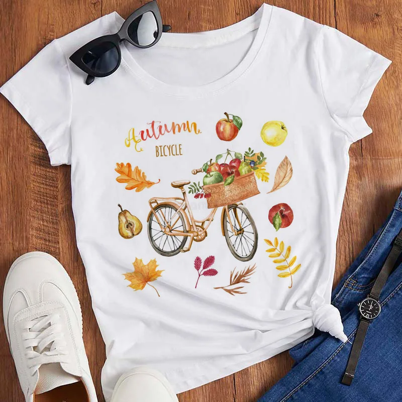 Pink T Shirt Women Beautiful Scenery Bicycle Vogue Casual Tshirt Harajuku Korean Style Graphic Tops Kawaii Short Sleeve T-shirt