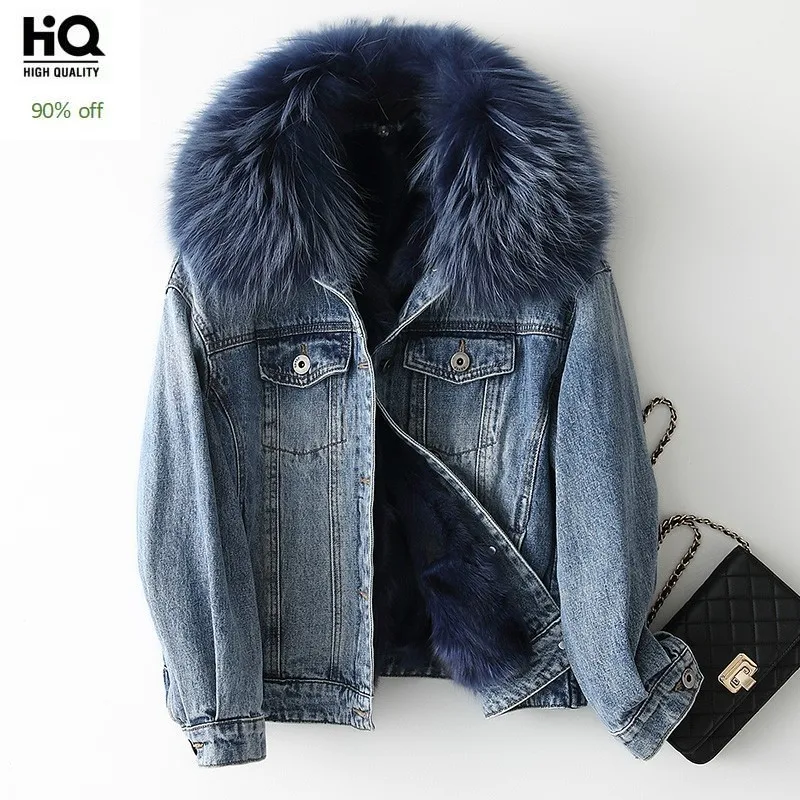 

2020 New Luxury Real Fur Coat Natural Fox Fur Lined Denim Jacket Large Raccoon Collar Women Winter Slim Fit Thick Warm Coats