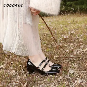 

2020 Spring New Mary Jane Women's Shoes Square Head Retro Lacquered Word Buckle With Shallow Mouth Thick Heel Burgundy Single